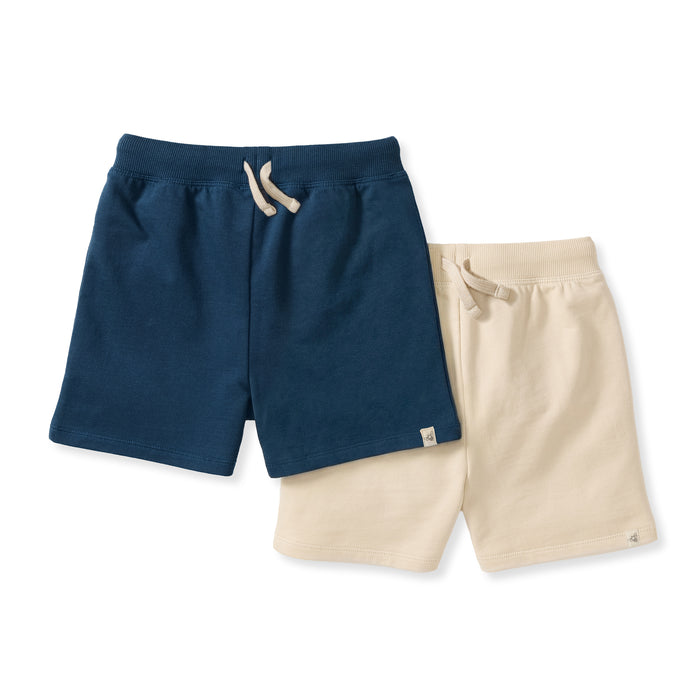 Navy and beige basic shorts with drawstring, elastic waist, knee-length pull-on