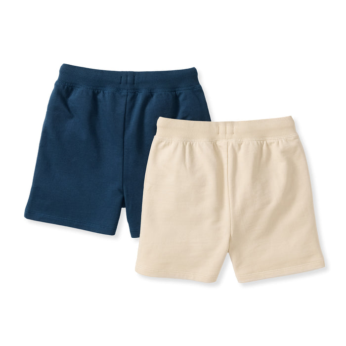 Navy and beige basic shorts, elastic waistband and knee-length pull-on fit