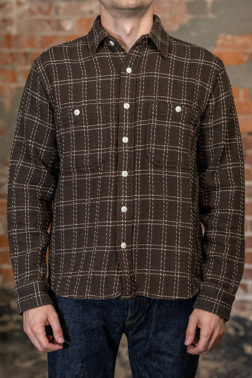 Front view of the  3sixteen Utility Flannel in Espresso Twill Check