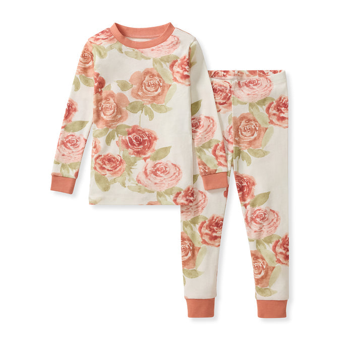 Floral organic cotton pajama set with crew neck top and tapered long pants, cream base