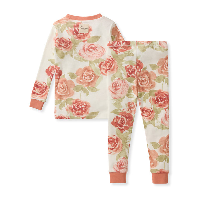 Floral organic cotton pajamas set with long sleeves and matching long pants, cream base