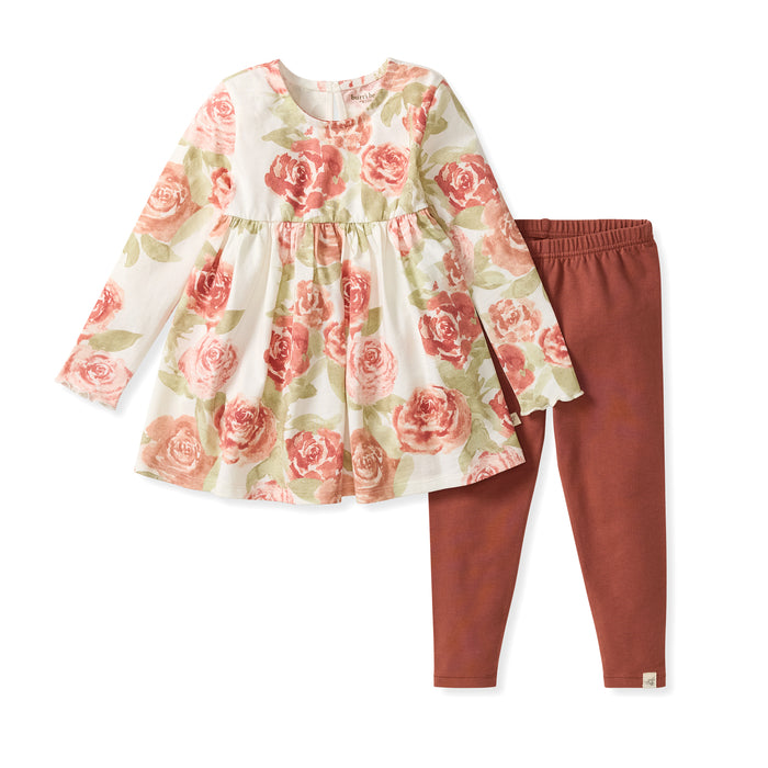 Kids floral tunic set with gathered long sleeves and brown leggings
