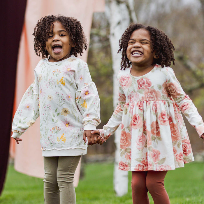 Kids floral tunic and brown leggings set, long sleeves and gathered skirt