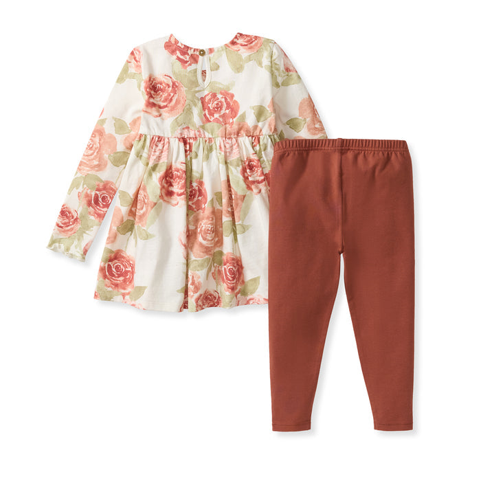 Floral tunic set: long-sleeve cream rose-print tunic with brown stretch leggings