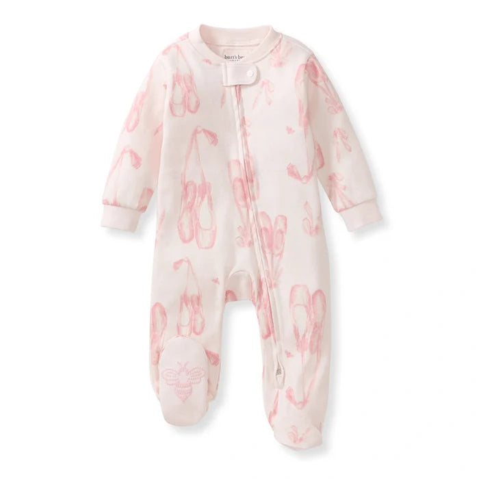 Pink-and-white footed baby romper with long sleeves, ballet slipper pattern, snap neckline