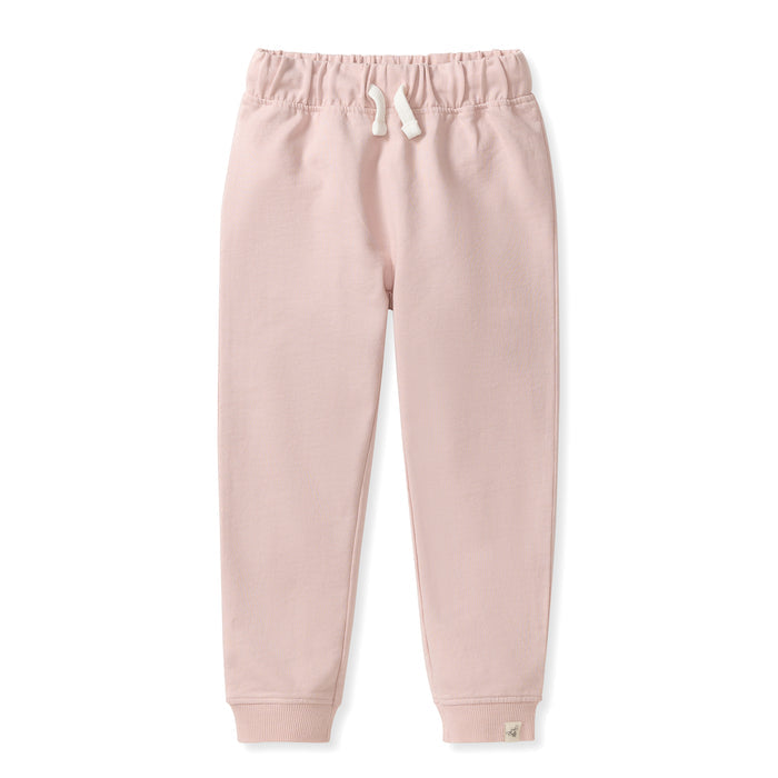 Girl jogger pants, light pink with elastic waistband and white drawstring at center