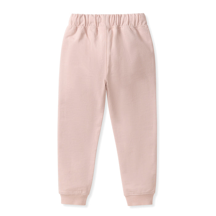 Girl jogger pants in light pink, elastic waistband and tapered legs with rib cuffs