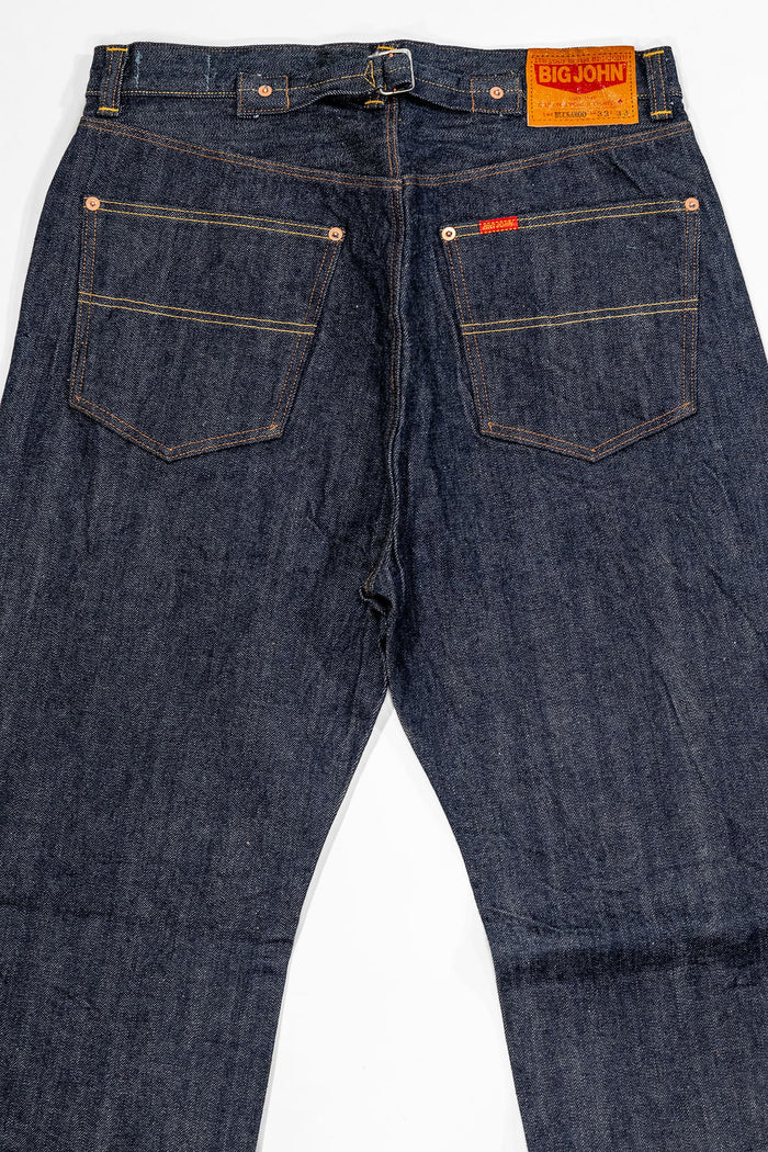 Big John indigo denim jeans wide fit with cinch buckle rear, back view, laying flat