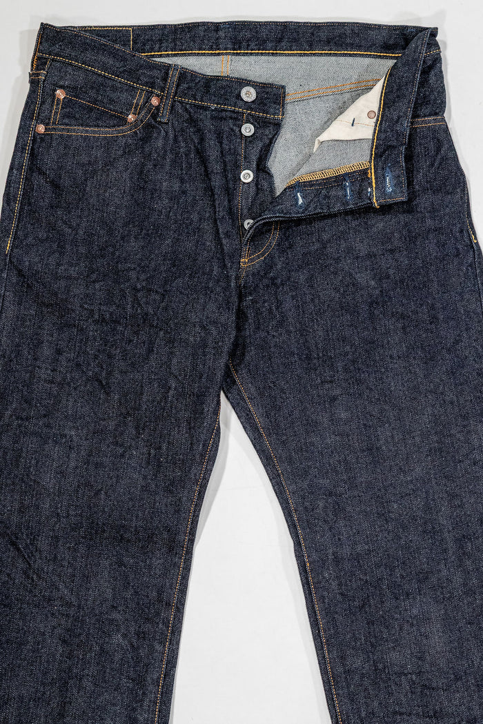Big John M1803 17oz Heavy Gauge Jeans Straight Fit - Indigo One Wash. laid on back with button fly open