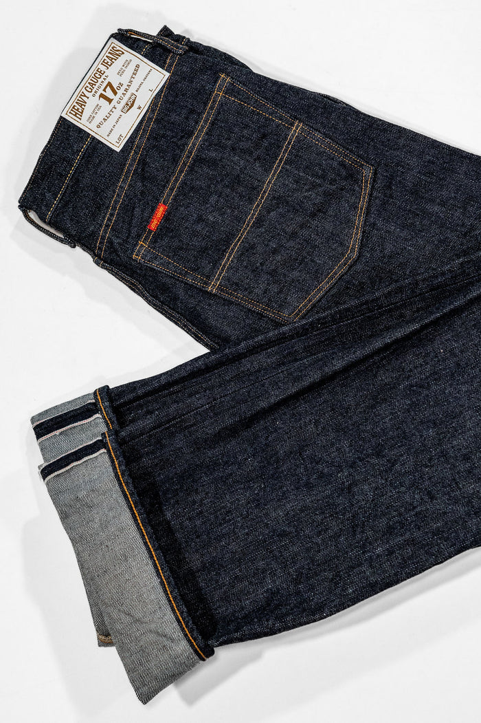 Big John M1803 17oz Heavy Gauge Jeans Straight Fit - Indigo One Wash. laid on side with cuff showing