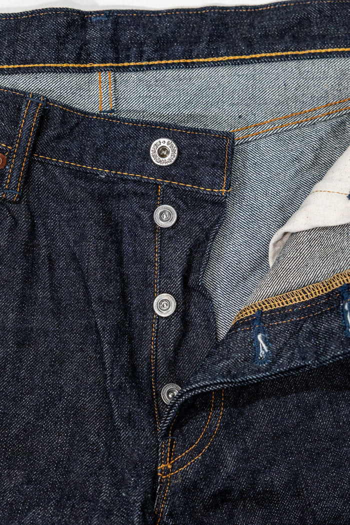 Big John M1803 17oz Heavy Gauge Jeans Straight Fit - Indigo One Wash. close up of button fly