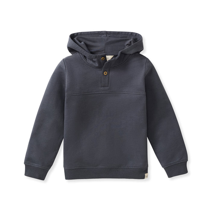 Dark gray organic cotton hoodie, front view with hood and button placket