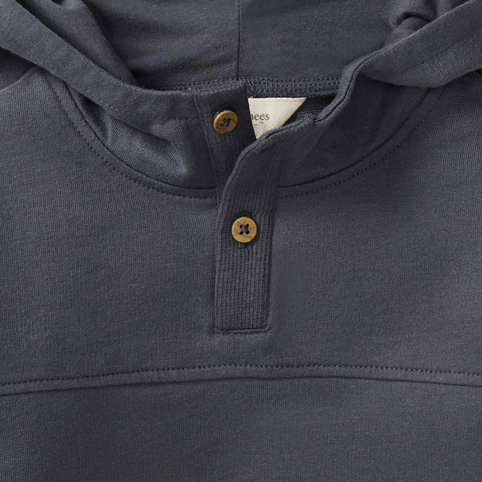 Dark gray organic cotton hoodie, front henley placket with button closure