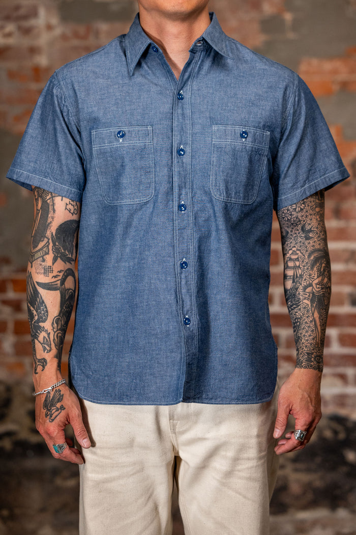 Buzz Rickson's BR35856 Short Sleeve Chambray Work Shirt - Blue
