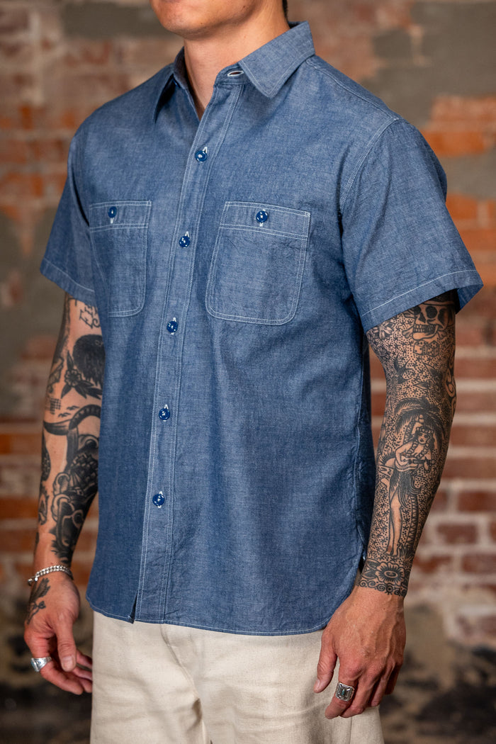 Buzz Rickson's BR35856 Short Sleeve Chambray Work Shirt - Blue