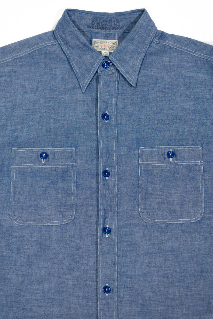Buzz Rickson's BR35856 Short Sleeve Chambray Work Shirt - Blue