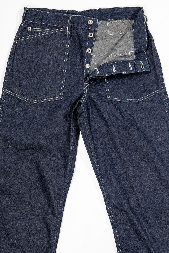 Buzz Rickson's BR41106 Denim Working Trousers - One Wash. laid on back with button fly open