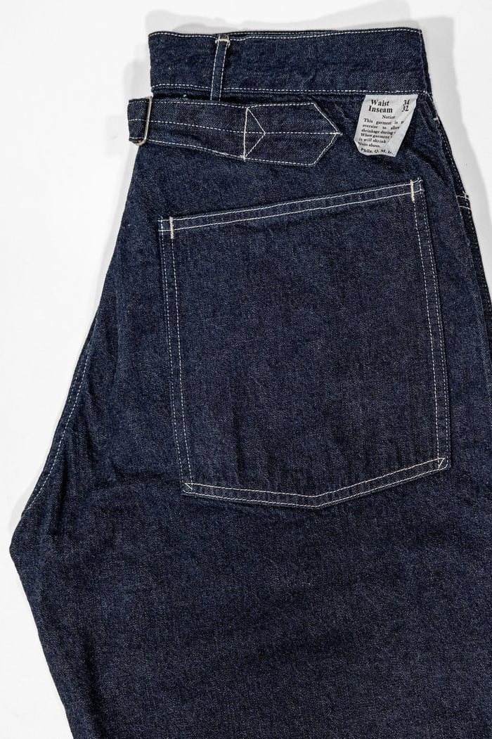 Buzz Rickson's BR41106 Denim Working Trousers - One Wash. laid on side with back pocket showing