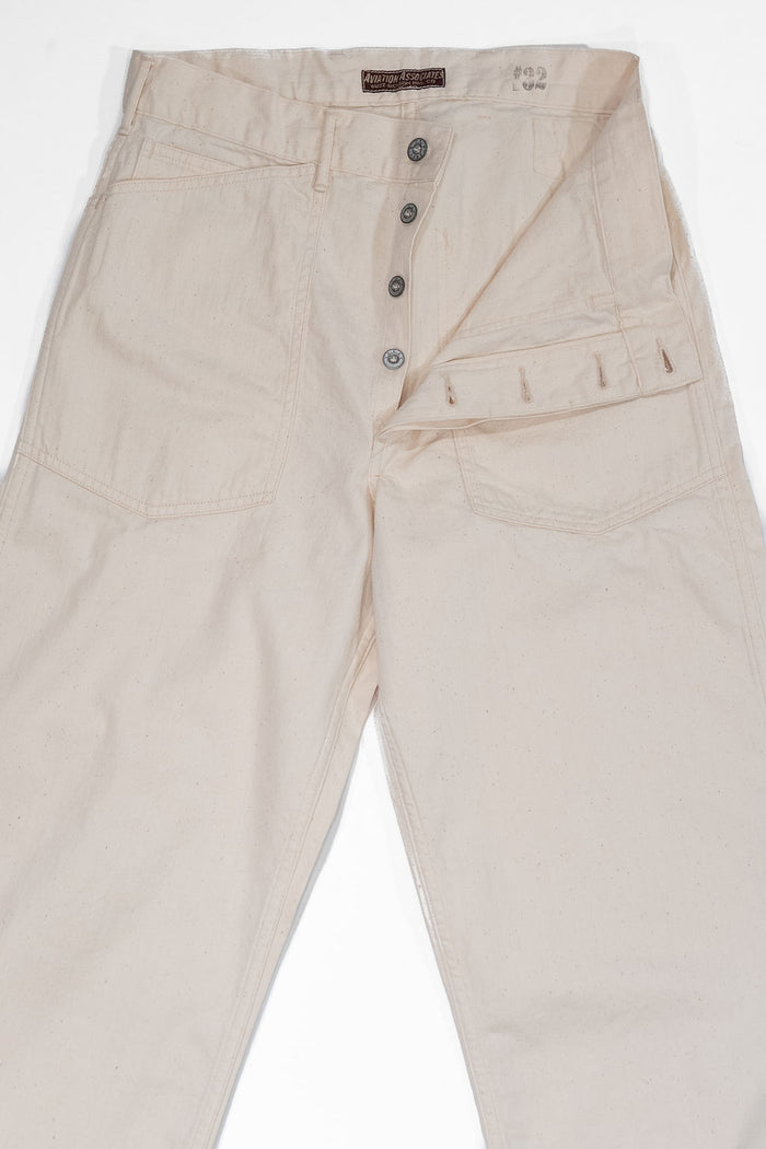 Buzz Rickson's BR42635 White Twill Working Trousers - Off White. laid on back with button fly open