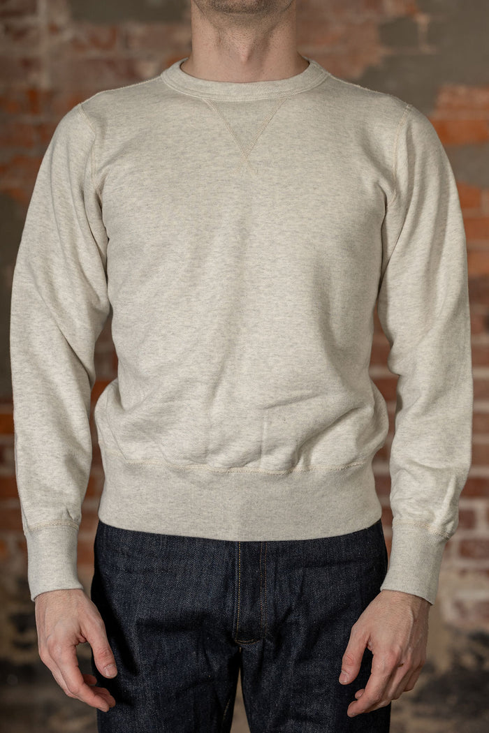 Buzz Rickson's BR65622 Set-in Crew Neck Sweatshirt in Oatmeal - On model, facing front