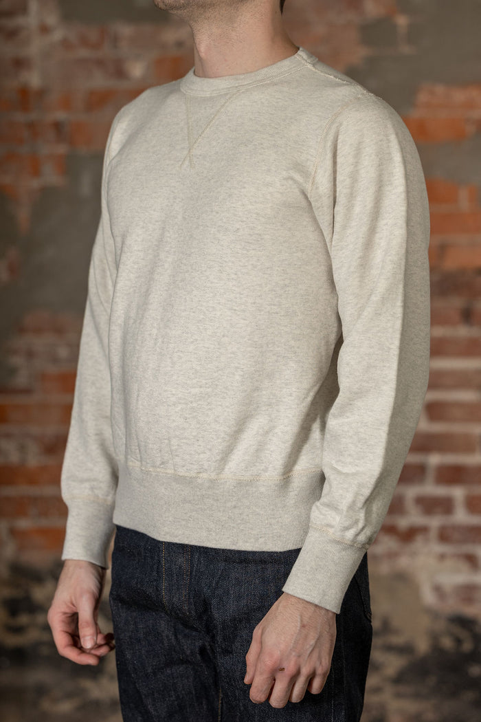 Buzz Rickson's BR65622 Set-in Crew Neck Sweatshirt in Oatmeal - On model, facing side