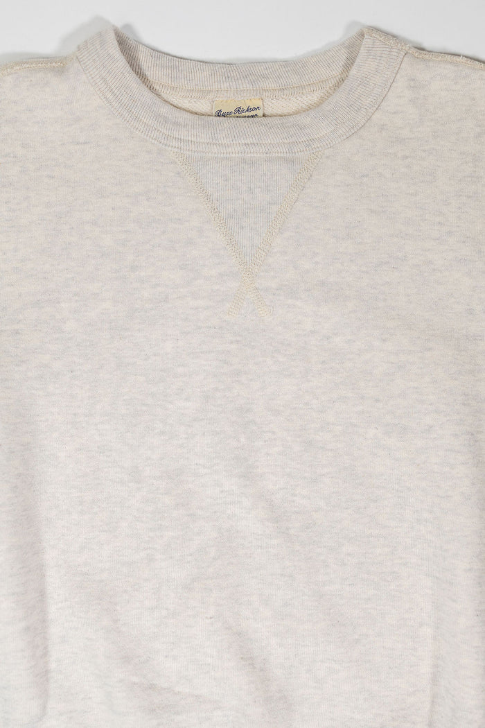 Buzz Rickson's BR65622 Set-in Crew Neck Sweatshirt in Oatmeal - Laying flat, front view close-up