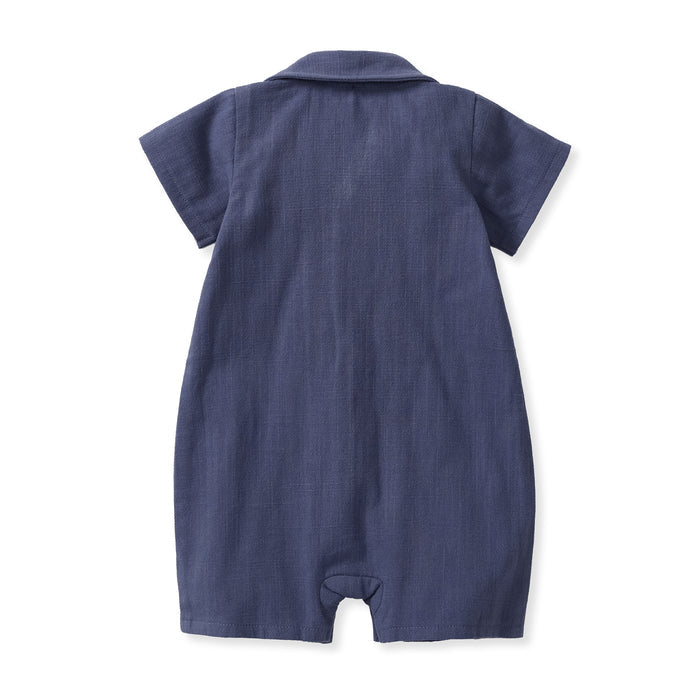 Navy checked gauze baby boy romper, short sleeves, back view of button placket