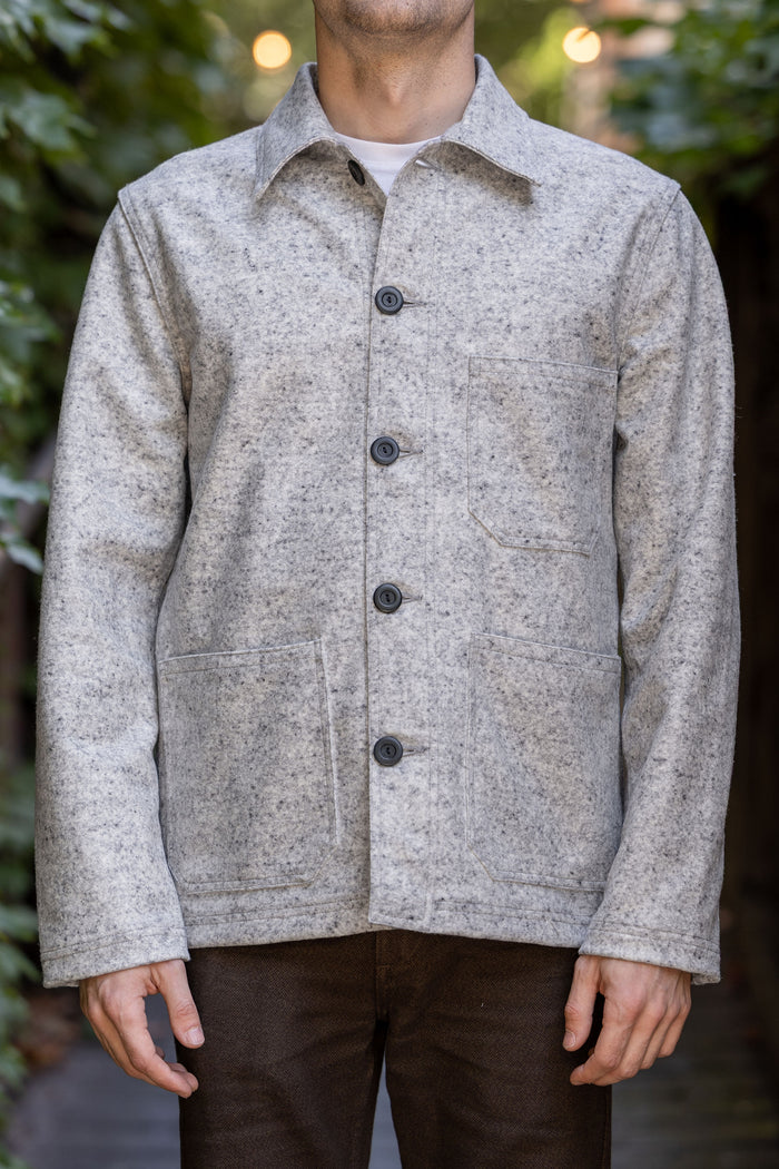 Dehen 1920 Chore Coat - Natural & Navy Heather Wool. on model front profile