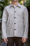 Dehen 1920 Chore Coat - Natural & Navy Heather Wool. on model front profile