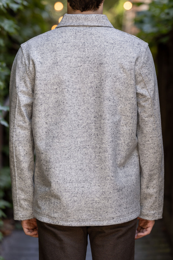 Dehen 1920 Chore Coat - Natural & Navy Heather Wool. on model back profile