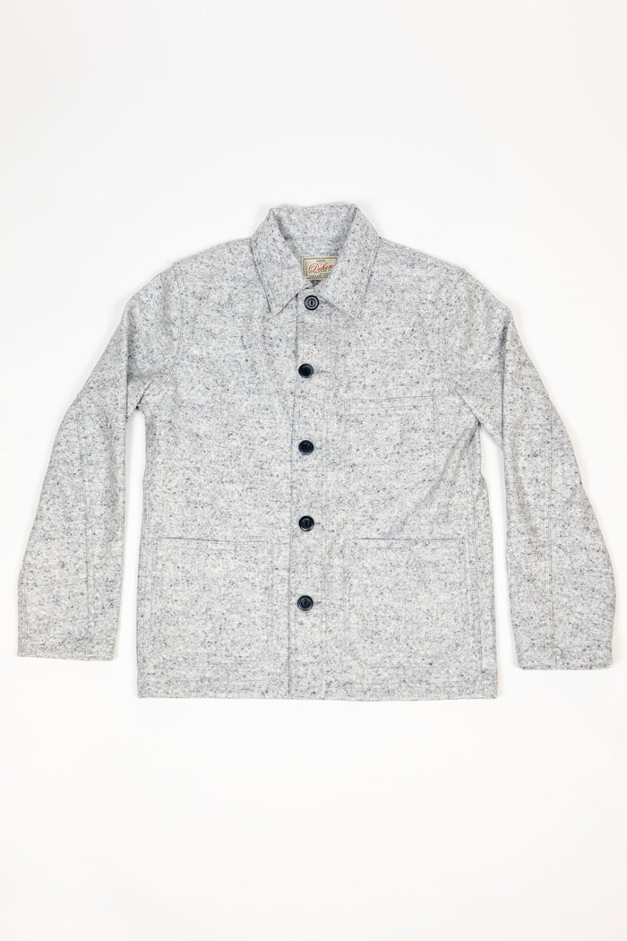 Dehen 1920 Chore Coat - Natural & Navy Heather Wool. laid on back
