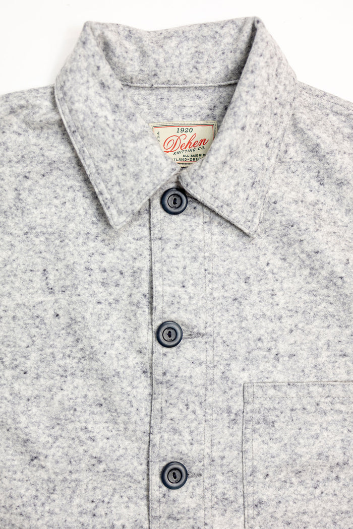 Dehen 1920 Chore Coat - Natural & Navy Heather Wool. close up of front button detail