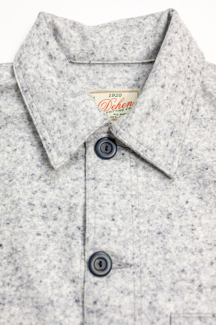 Dehen 1920 Chore Coat - Natural & Navy Heather Wool. close up of front button detail