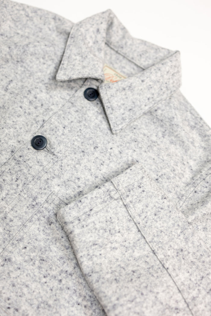 Dehen 1920 Chore Coat - Natural & Navy Heather Wool. close up of sleeve detail