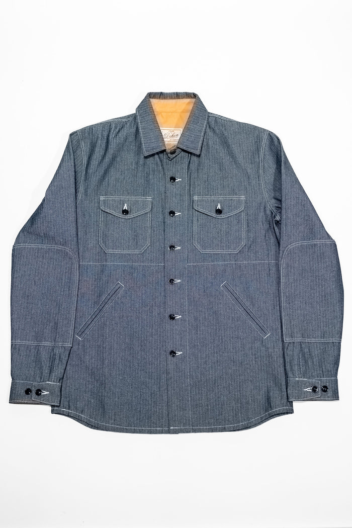 Dehen 1920 Crissman Overshirt - Indigo Herringbone Bull Denim on laid flat from the front