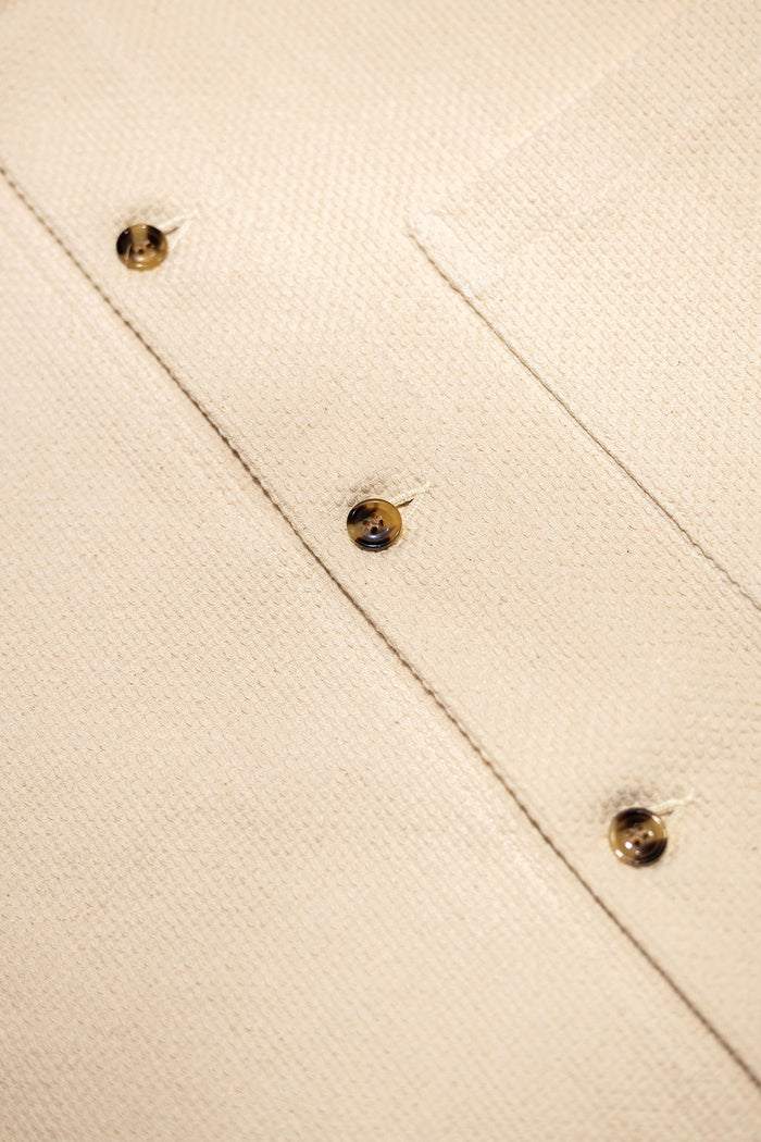 Dehen 1920 Lounge Shirt - Natural Sashi-Ori. close up detail shot of buttons