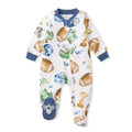Football-print footed romper with navy collar, envelope neck snap, organic cotton