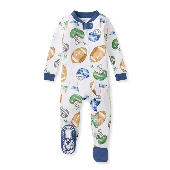 Organic cotton baby sleeper in white with football and helmet print, snap-front, blue cuffs