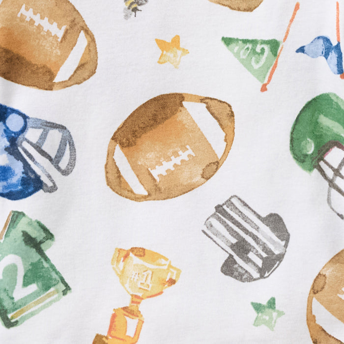 Kids organic cotton pajama top with long sleeves in white football print pattern