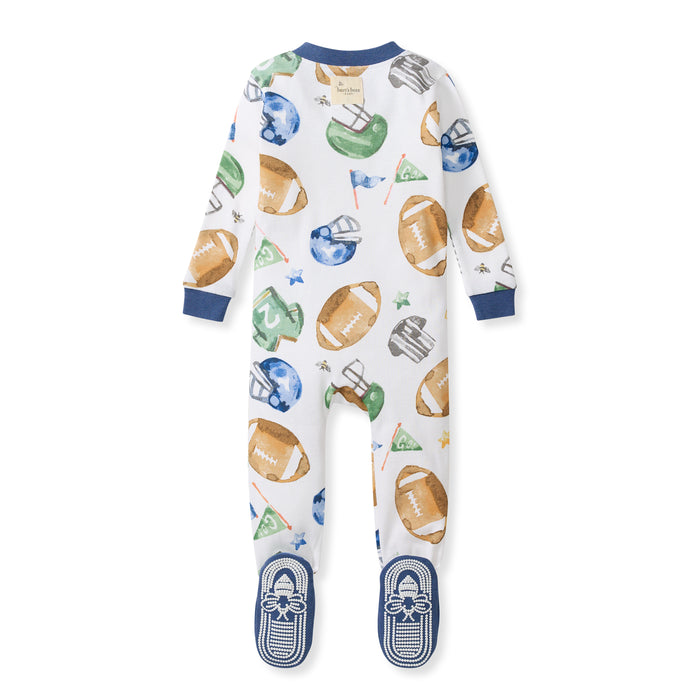 Footed organic cotton sleeper, white with colorful football helmet print, snap buttons, blue cuffs