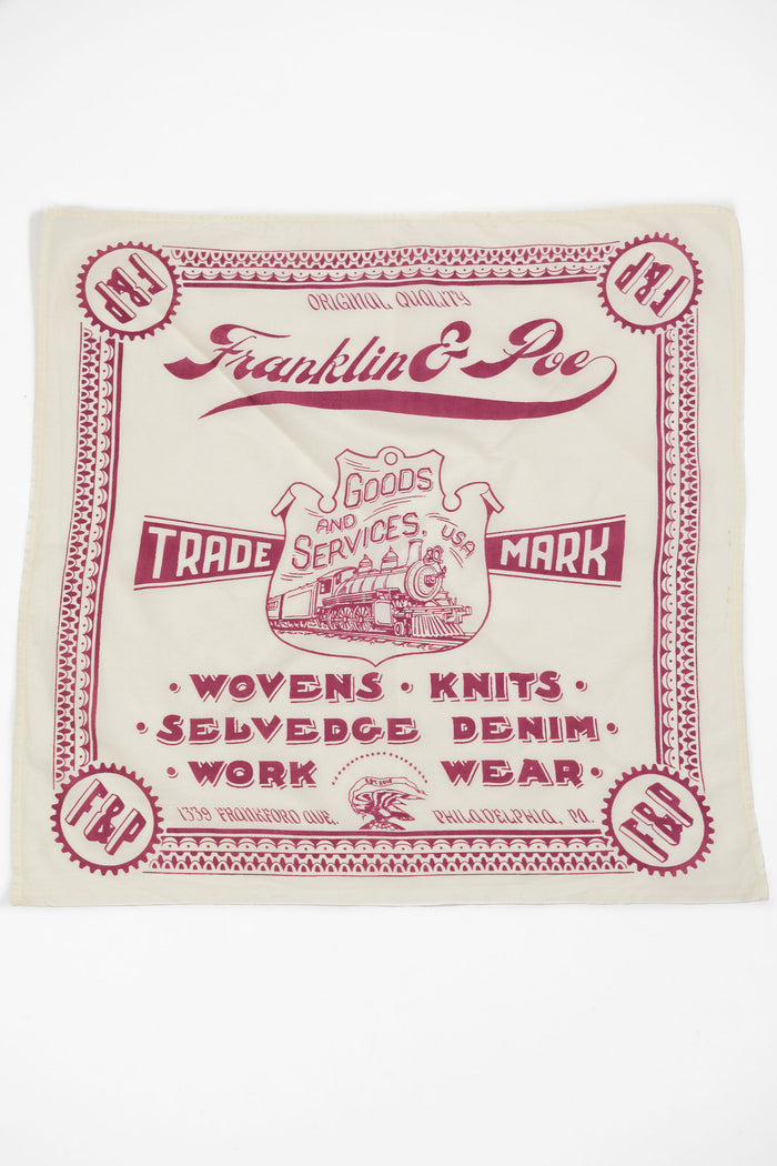 Natural color bandana with custom dark red design and text