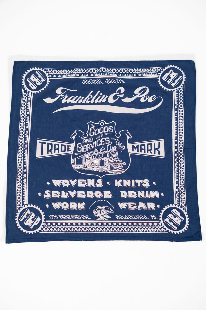Navy bandana with custom white design and text
