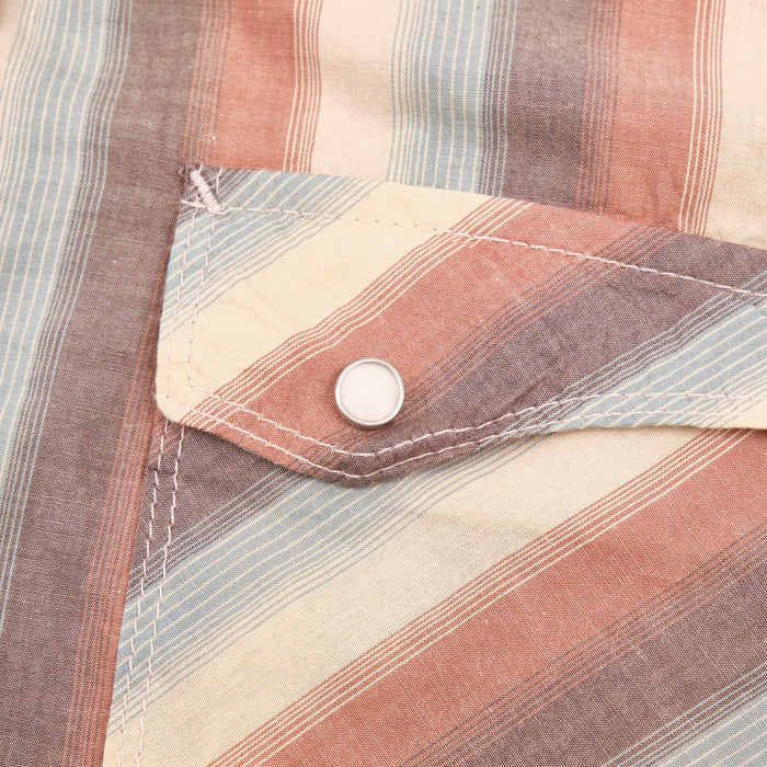 Freenote Cloth Calico -  Desert Stripe. close up detail shot of front pocket button snap