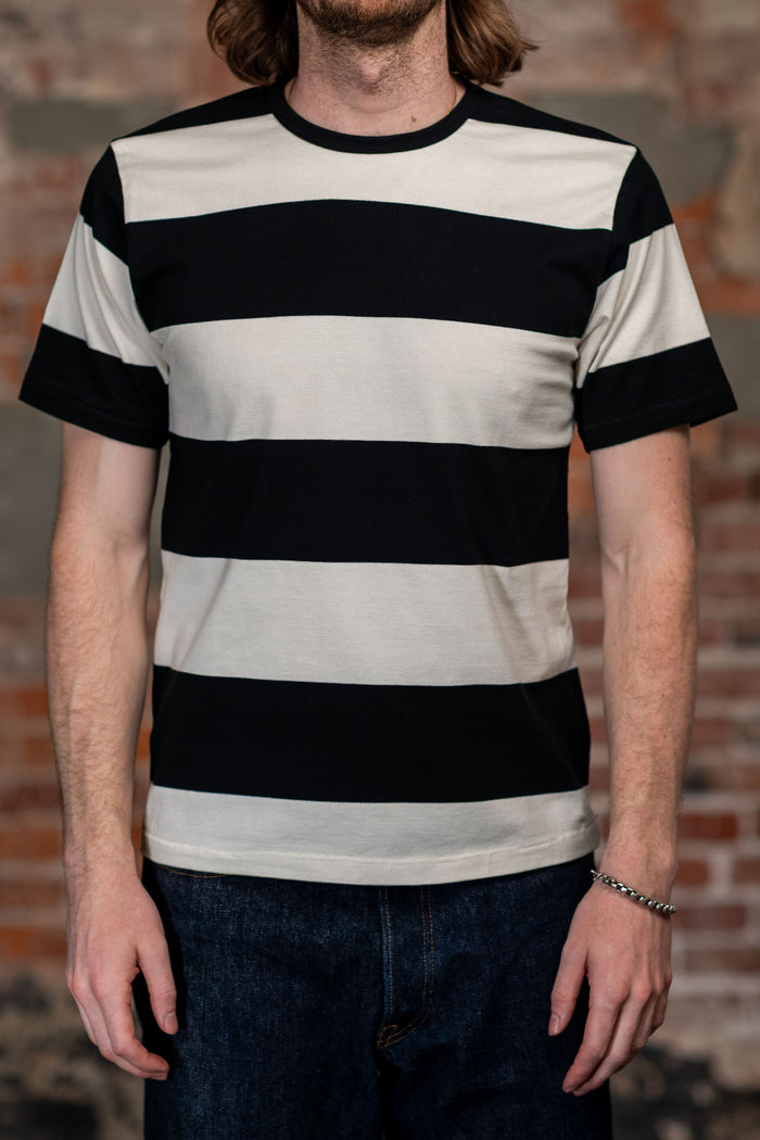 Freenote Cloth Mooch Tee - Black Stripe. on model front profile