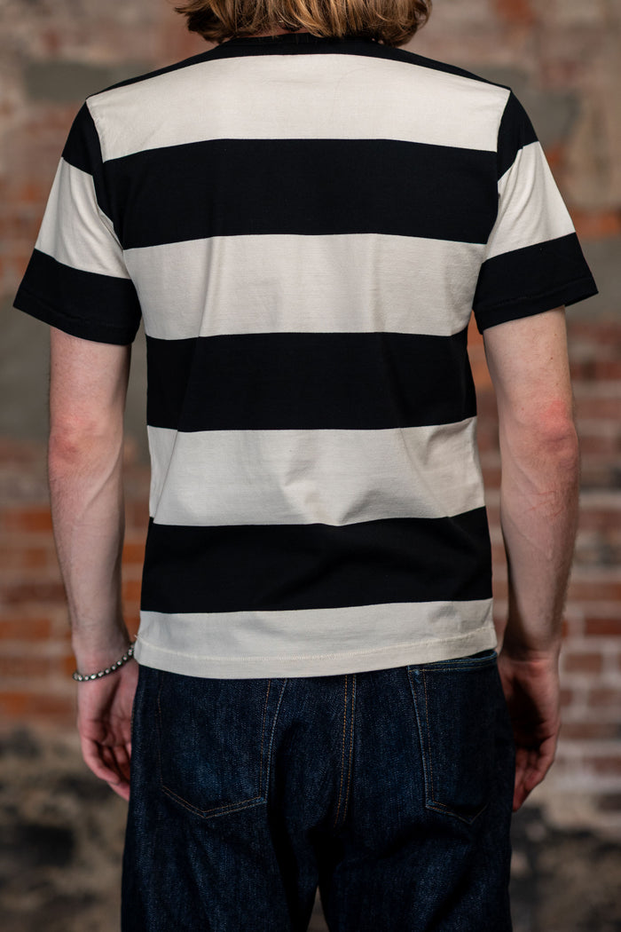 Freenote Cloth Mooch Tee - Black Stripe. on model back profile