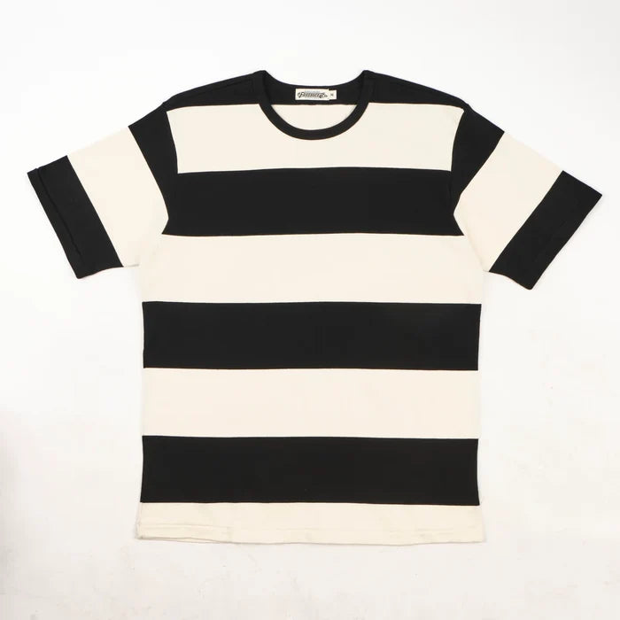 Freenote Cloth Mooch Tee - Black Stripe. laid on back