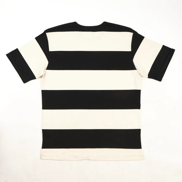 Freenote Cloth Mooch Tee - Black Stripe. laid on front