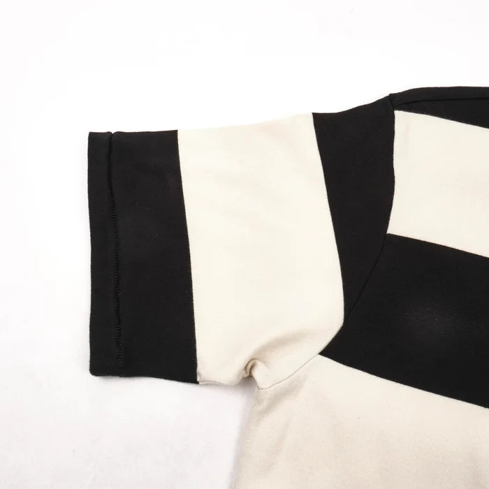 Freenote Cloth Mooch Tee - Black Stripe. close up shot of sleeve