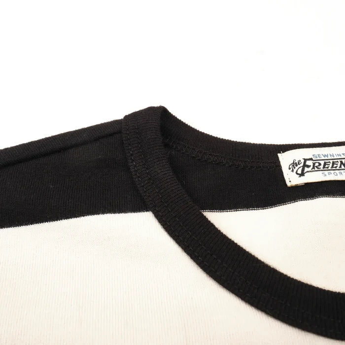 Freenote Cloth Mooch Tee - Black Stripe. detail shot of collar