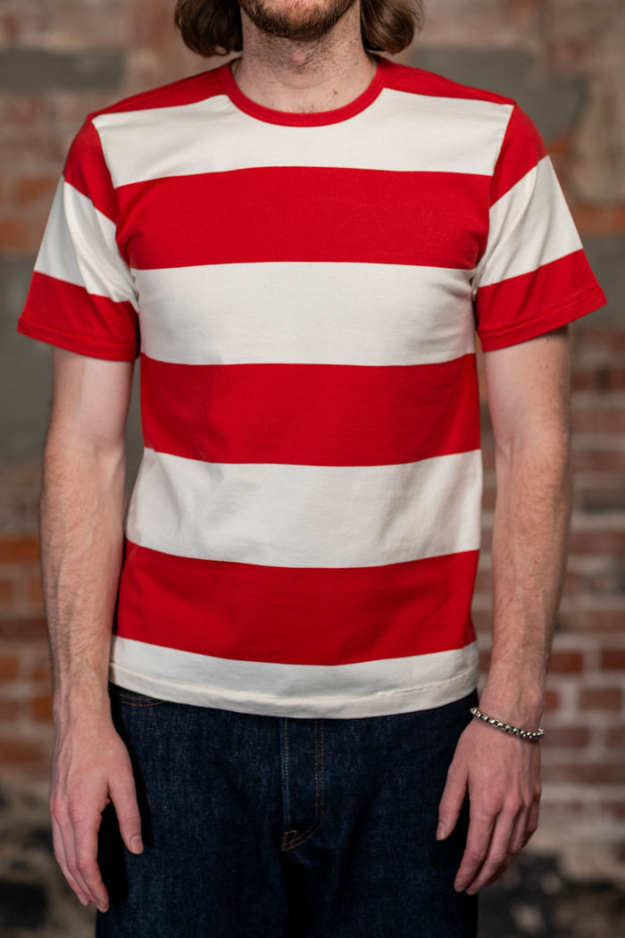 Freenote Cloth Mooch Tee - Red Stripe. on model front profile